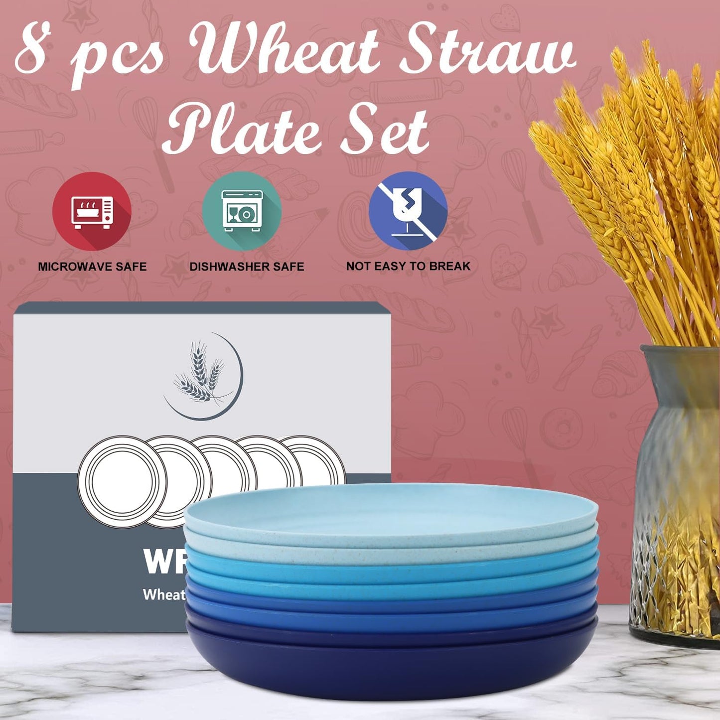 Wrova Wheat Straw Salad Plates - 9 Inch Unbreakable Dinner Set of 8 Dishwasher & Microwave Safe Plastic Reusable Lightweight for kitchen,camping (Ocean),Ocean Series:Gradient Blue