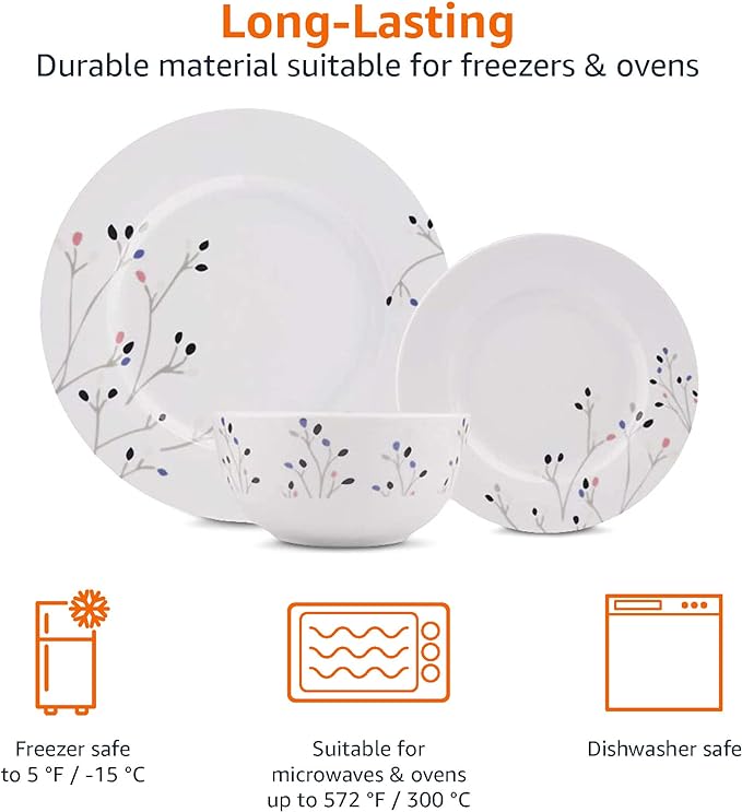 Amazon Basics Dinnerware Set, Microwave and Dishwasher Safe, Service for 6, 18-Piece Complete Kitchen, Plates, Dishes, Bowls, Branches