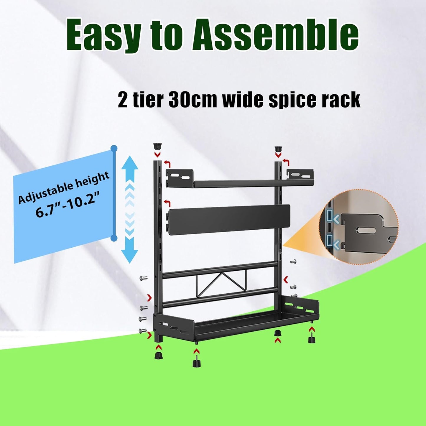 Spice Organization for Cabinet | 2 Tier Standing Height-Adjustable Spice Rack | Large Metal Rust-Proof Seasoning Organizer | Kitchen Storage Organization Shelf for Pantry Bathroom (2-30CM Black)