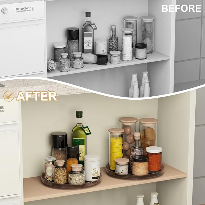 2 Pack Decorative Trays, Brown Round Rotating Organizer Tray for Table Top, Cabinet, 9 Inch Turntable Non-Skid Fridge Lazy Susan, Kitchen Storage for Coffee Table Counter Vanity Bathroom