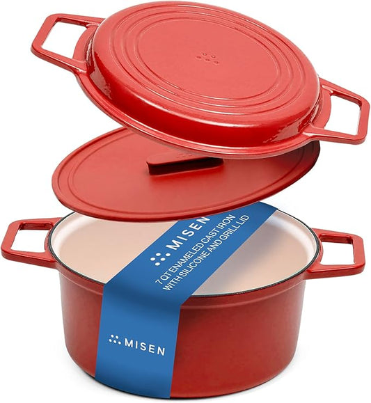 Misen 7 QT Enameled Cast Iron Dutch Oven - Chip-Resistant Enamel Coating - Thick Iron Core For Heat Retention - Large Cooking Surface - Oven Safe, Induction Compatible - Grill and Silicone Lid, Red