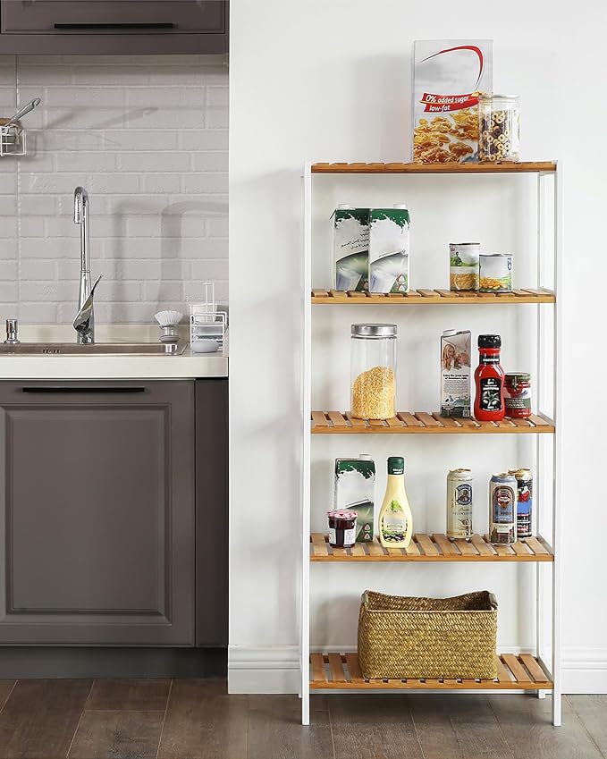 SONGMICS Bamboo Storage Shelf, 5-Tier Shelving Unit, Multifunctional, in The Entryway, Bathroom, Living Room, Balcony, Kitchen, 10.2 x 23.6 x 51.2 Inches, Cloud White and Light Bamboo UBCB35WN