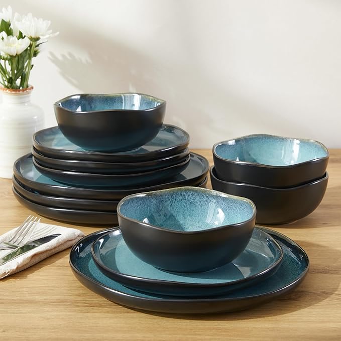 Stoneware Dinnerware Sets, Kitchen Plates and Bowls Set, Ceramic Dish Set for 4, Modern Chip & Scratch Resistant Dishware Sets, Durable Reactive Glaze Dinner Set, Green Black