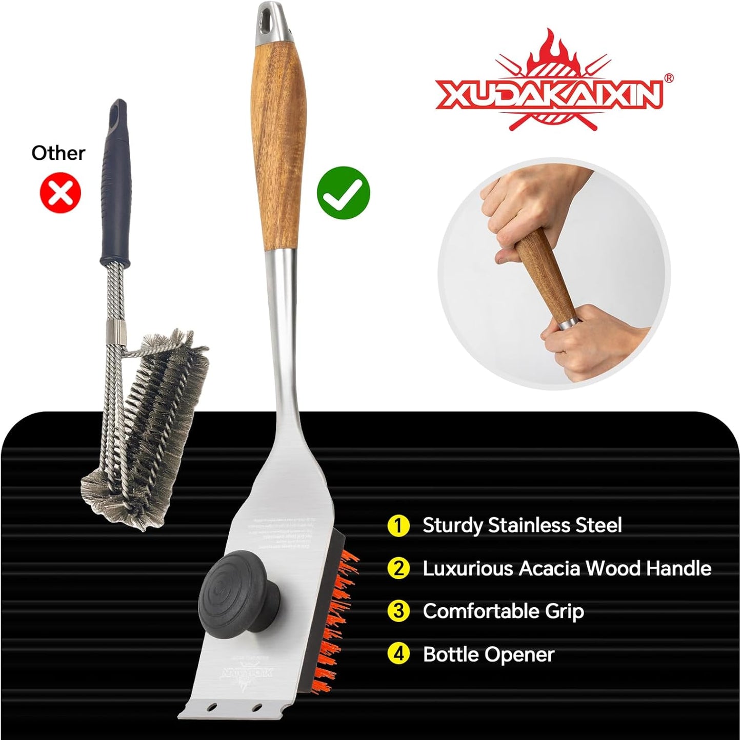Nylon Grill Brush,Dual Grip Design,with Extended Luxurious Acaciawood Handle,Safe Nylon Bristles Barbecue Triple Scrubbers Cleaning Brush for Cast Iron Grates/Porcelain/Charcoal Grill