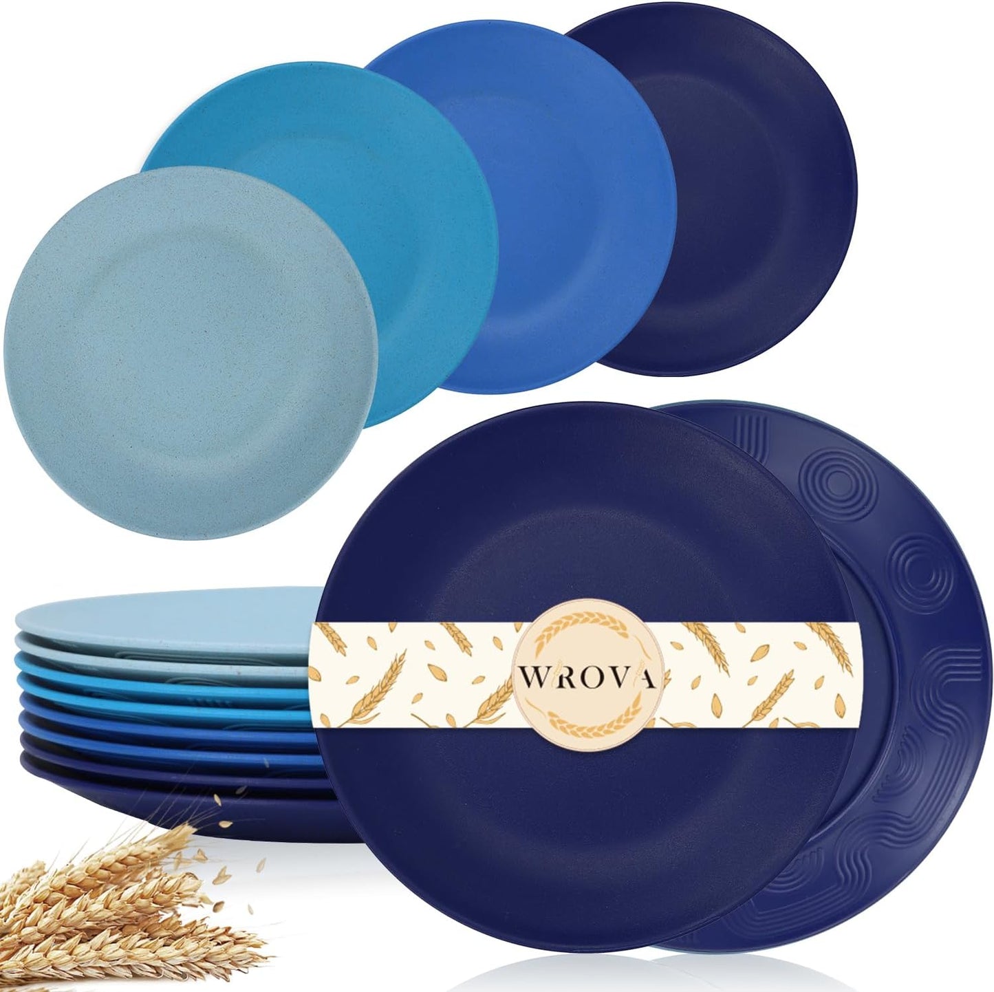 Wrova Wheat Straw Dinner Plates 9 Inch Unbreakable Set of 8 - Dishwasher & Microwave Safe Plastic Plates Reusable - Lightweight Plates for Kitchen,Camping,Apartment,Dorm,RV,Party - Ocean Series