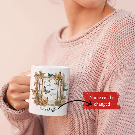 Customized Set Your Spirit Free Travel Mug, Personalized Name On Meaningful Butterfly Coffee Cup Presents For Kids, Custom Cute Animal Tea Cup For Friends Who Love Butterfly