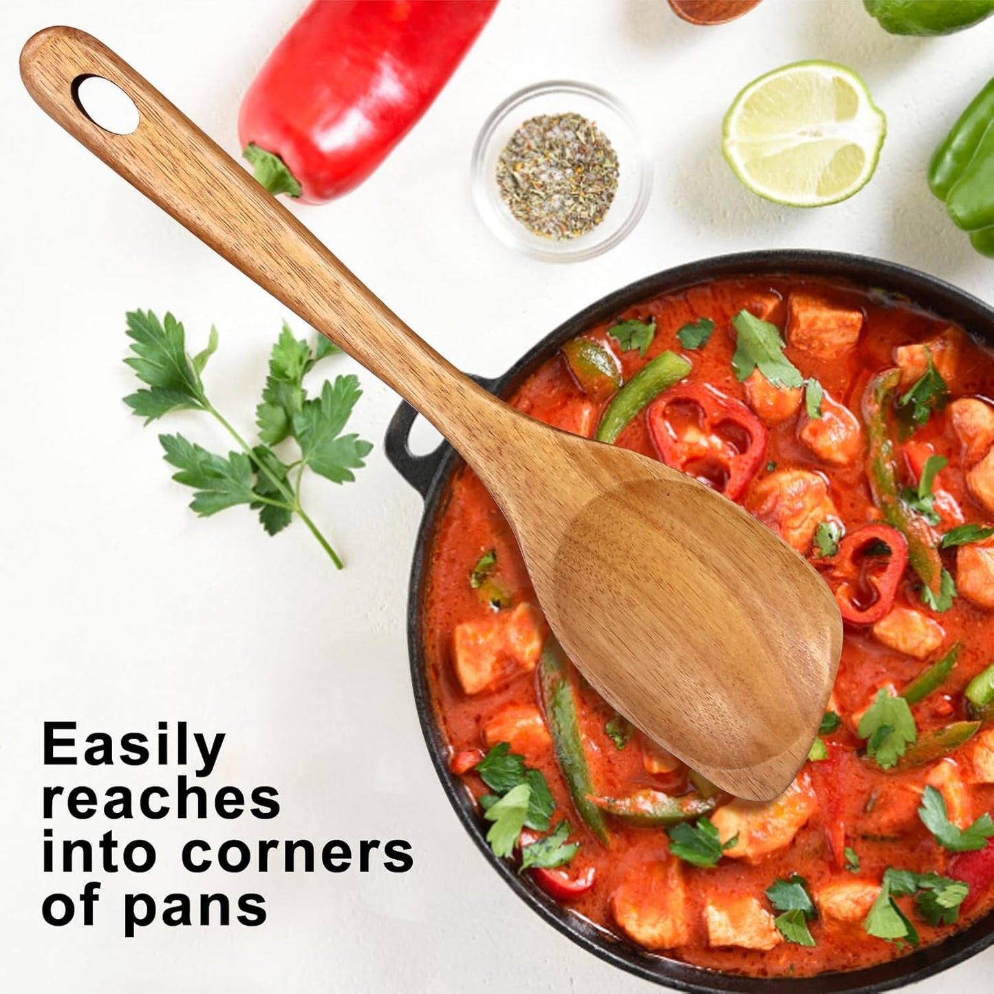 Large Wooden Spoons for Cooking Spatula Non Toxic Teak Kitchen Utensil Best Acacia Wood Cooking Spoon for Mixing Serving Non Stick Bamboo Kitchen Utensils Big Corner Stirring Spoon Long Handle Spatula