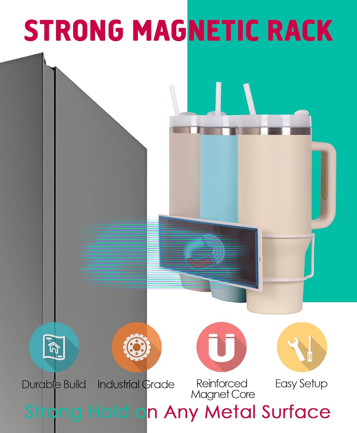 Magnetic Tumbler Holder for Stanley, Magnetic Cup Organizer for Refrigerator, Compatible with Stanley 30oz & 40oz Tumblers, Water Bottle Magnetic Rack (White, 6 Tumblers& 2 Lid Holder)