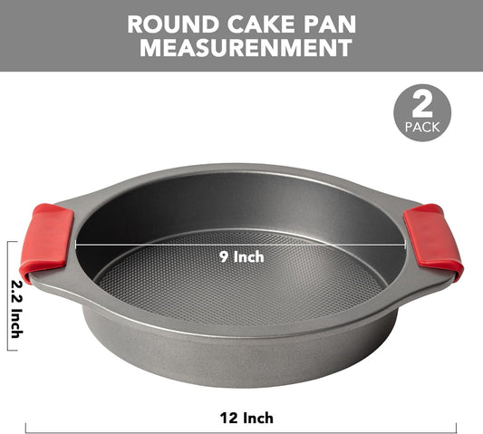 Tiawudi 9" Round Cake Pan Set of 2, 0.8mm Thick Heavy Duty Bakeware for Tiered & Layered Cakes, Nonstick Baking Pan with Diamond Texture for Even Heating, Cake Mold with Silicone Grip Handles