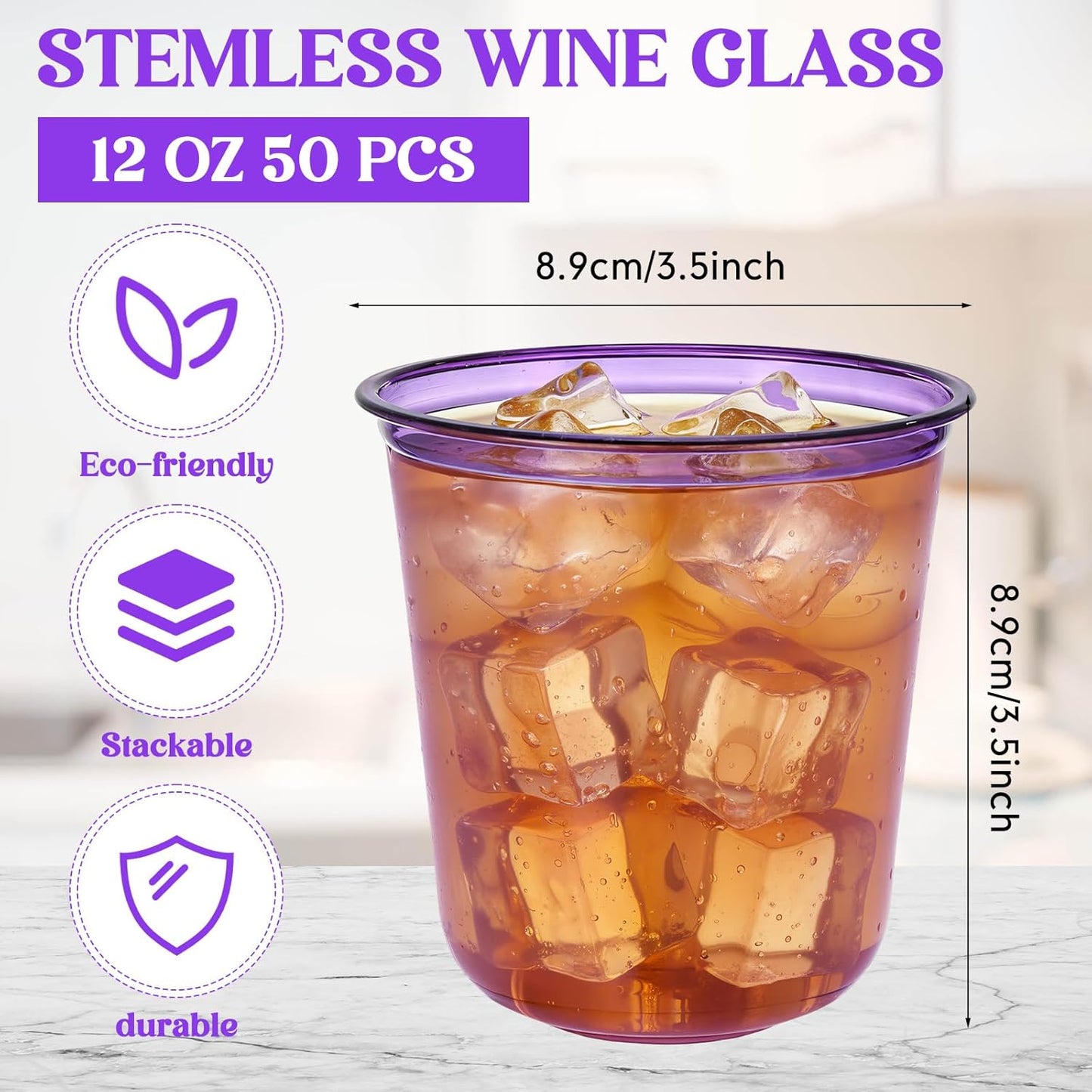 Disposable Stemless Glasses 12oz Crystal Plastic Wine Glasses Clear Classic Pet Cup for Meeting Weddings Birthdays Cocktail Christmas Party Supplies (Purple,50 Pcs)