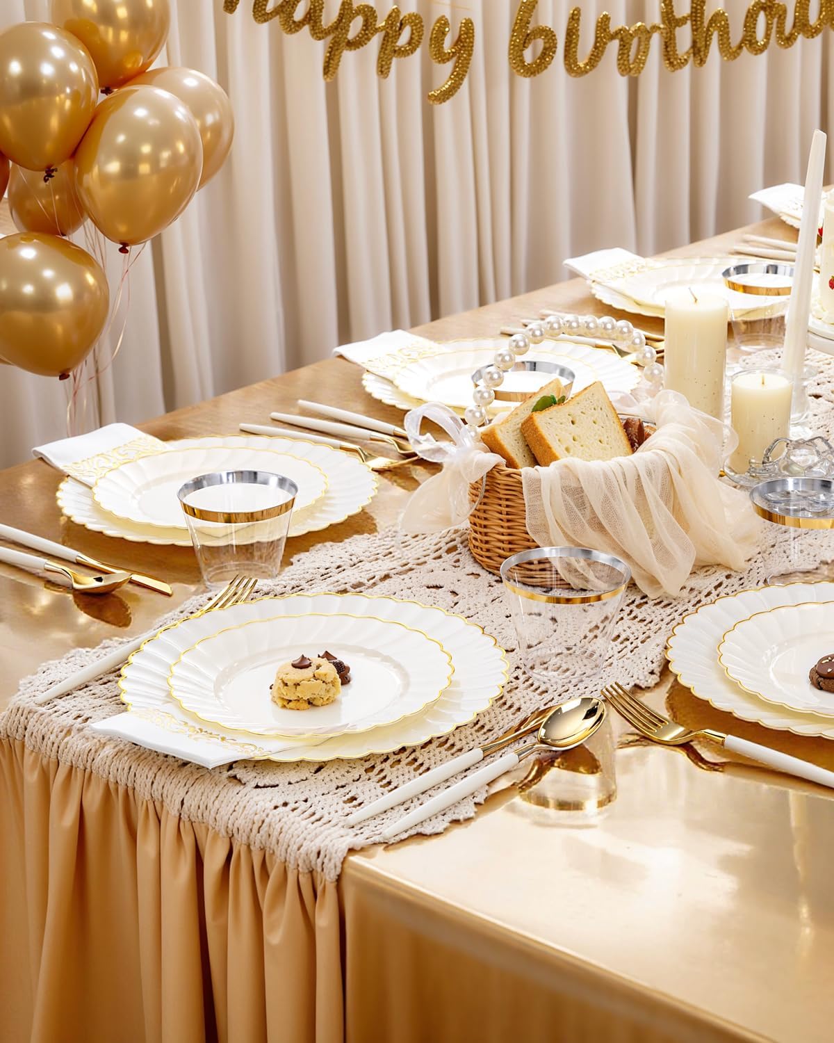 Ciaell 175 PCS Ivory Scalloped Plastic Plates with Gold Trim - Gold Plastic Silverware with Handle - Fancy High-end Dinnerware Sets for Wedding & Showers & Party & Thanksgiving (25 Guests)