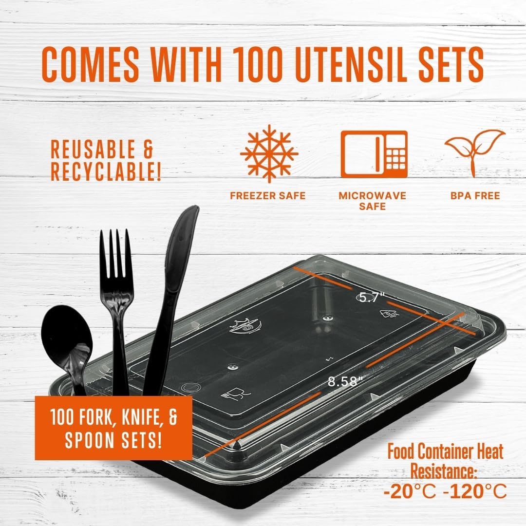 SQUATZ 100 Meal Prep Containers 33oz Reusable with Lid, Sturdy Leakproof & Food Safe, Microwave, Freezer, Dishwasher Safe Food Prep Containers To Go Take Out Plastic Storage BPA-Free Includes Utensils