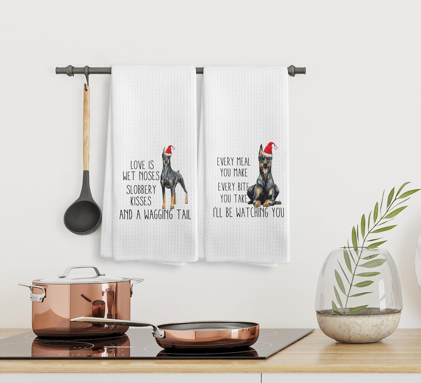 Funny Christmas Doberman Kitchen Towels and Dishcloths Set of 2, Dog Ornament, Decor, Gifts for Women Dog Lovers, Accessories, 1624 Inches