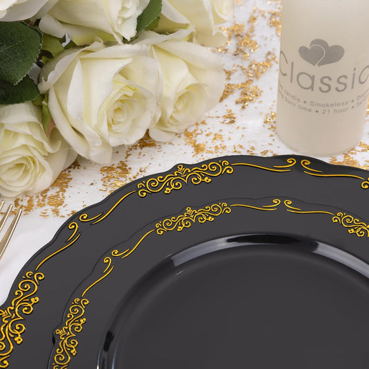 DaYammi 150Pcs Black Gold Plastic Plates & Plastic Silverware, Halloween Black Disposable Plates for Party Include 30 Dinner Plate, 30 Dessert Plate, 30 Knives, 30 Forks, 30 Spoons for Wedding