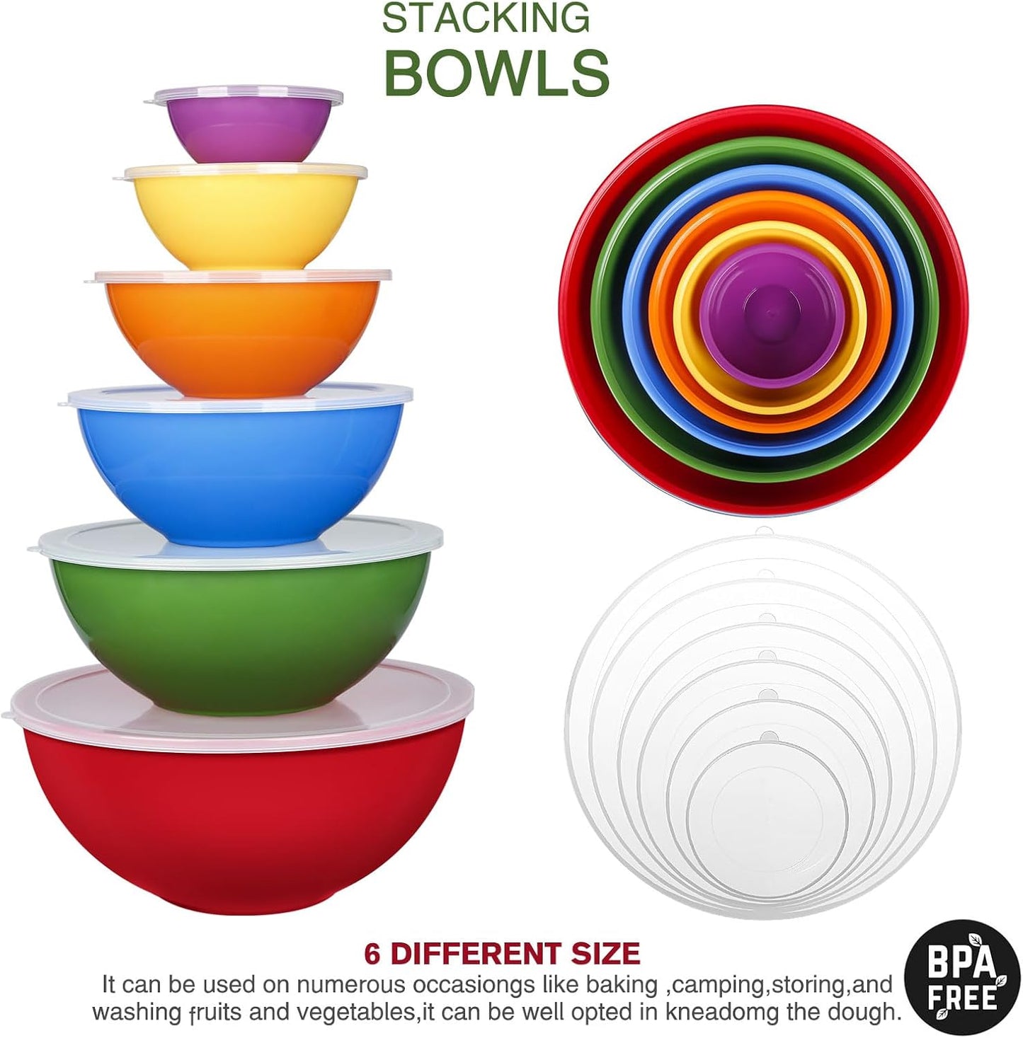 6-Piece Plastic Mixing Bowl Set with Lids for Kitchen, Nesting Storage Bowls for Baking, Prepping,Cooking and Serving Food, Dishwasher, Microwave Safe,Great for Mixing & Serving(6 Set-Red)