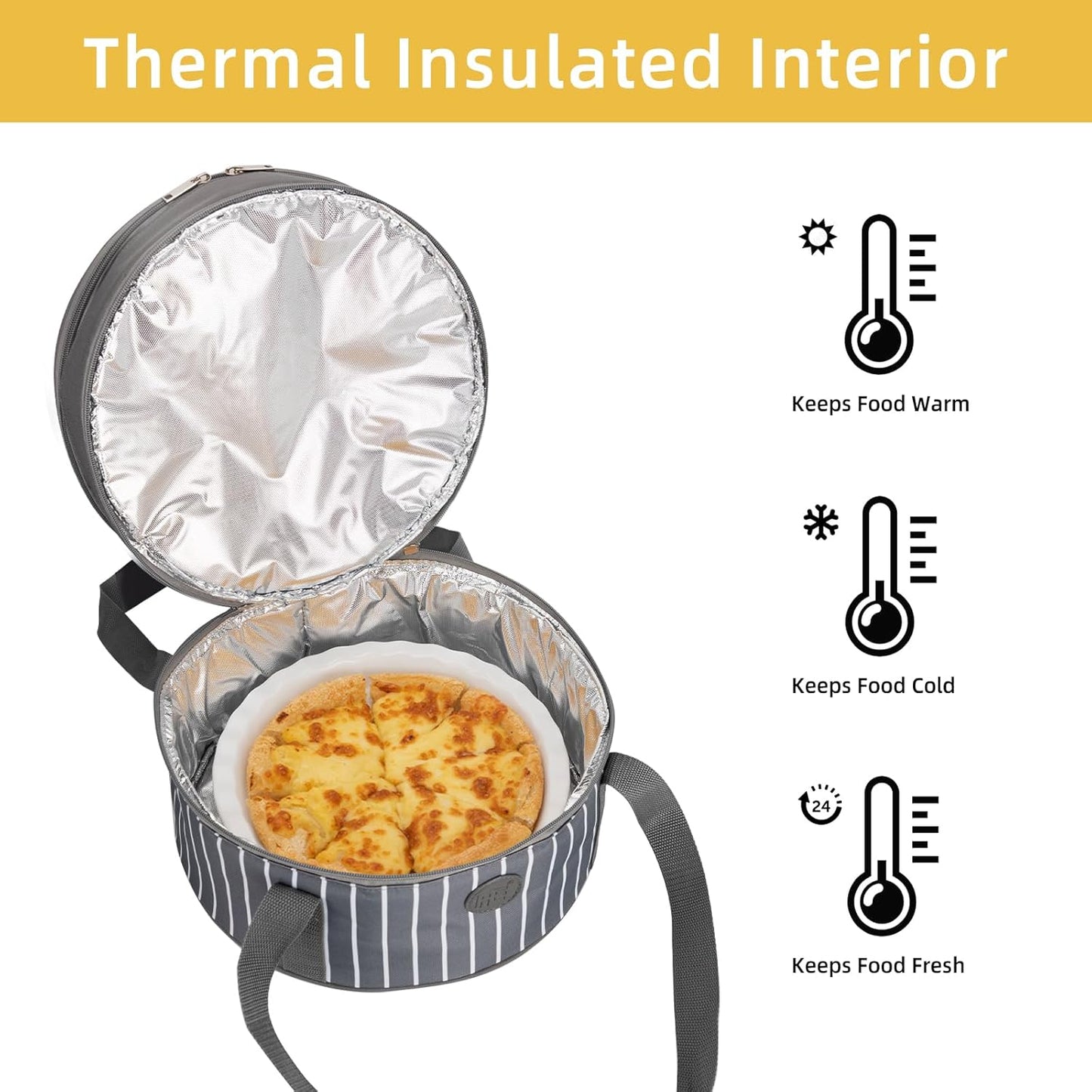 Fun Elements Insulated Casserole Carrier for Hot or Cold Food, 12.5 Inch Pie Carrier with Lid and Handle, Round Food Container for Transport, Grey