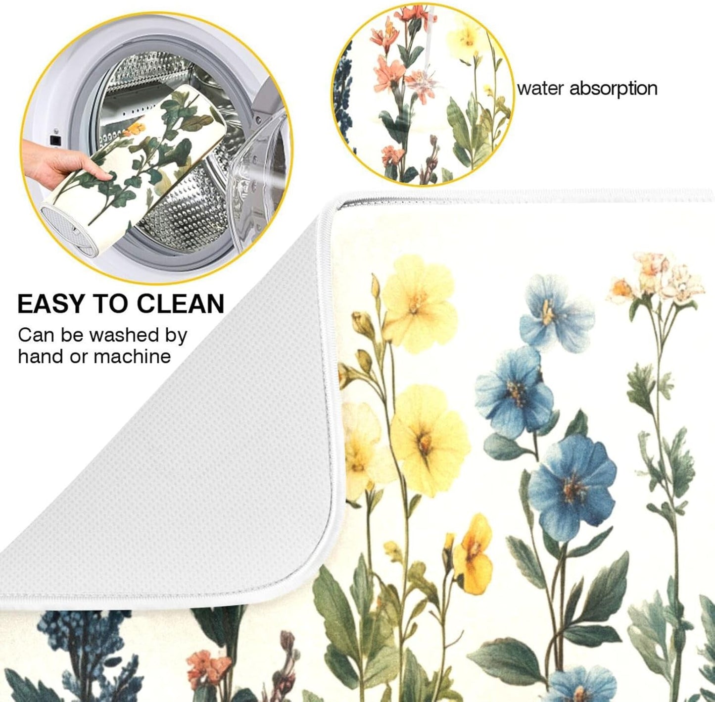 Vintage Plants and Colorful Flowers Dish Drying Mat for Kitchen Counter Super Absorbent Dishes Pad Reversible Microfiber Protector Dish Draining Mats 18x24 inch