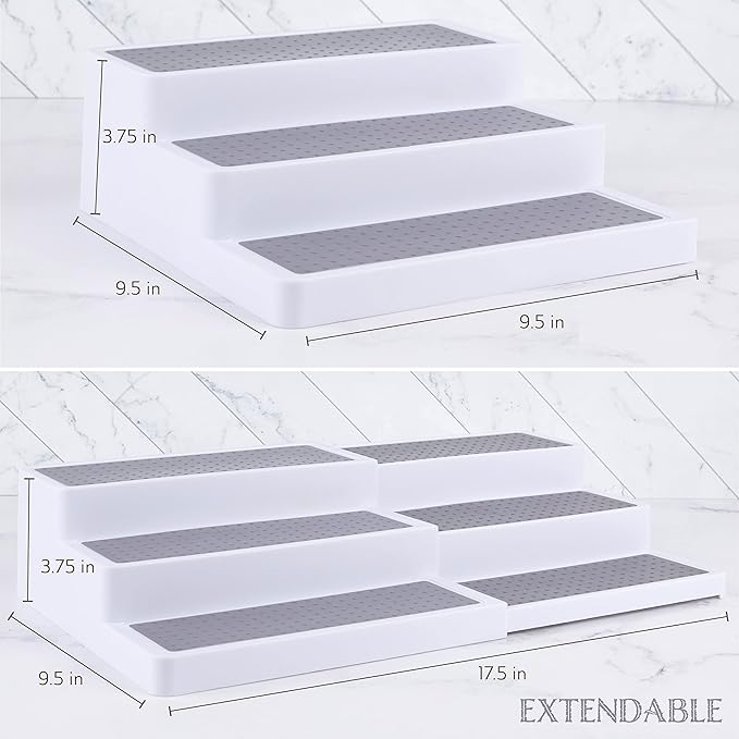 Oizeir Plastic 3-Tier Expandable Spice Rack, Adjustable Length, Stability with Non-Skid Shelf, For Easy Visibility, Organizer for Kitchen Cabinet, Pantry or Countertop, (2-Pack), White/Grey