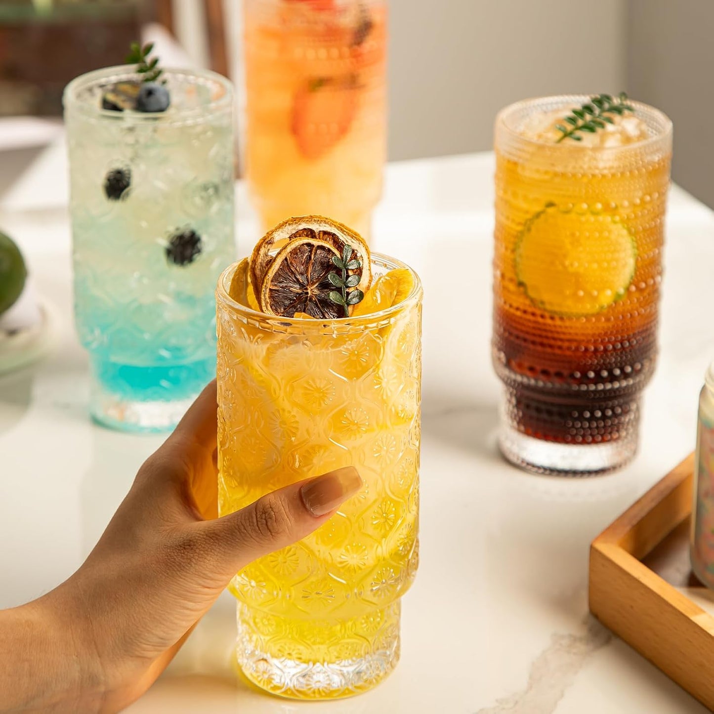 Drinking Glasses Set of 4, 16oz Textured Flower Design Cocktail Glasses, Stackable Old Fashioned Glass Cups, Vintage Glassware for a baby Shower Wedding for Kitchen and Bar - Dishwasher Clear