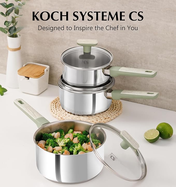 KOCH SYSTEME CS Stainless Steel Sauce Pan Set, 1.5QT & 2QT & 3QT Stainless Steel Pot Set with Lid, Triply Base Sauce Pan Set with Bakelite Handle, Induction Compatible Saucepans, Easy to Clean, 6 PCS