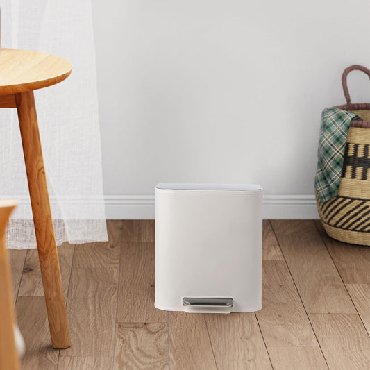 Bathroom Trash Can with Lid, 3.2 Gallon Stainless Steel Garbage Can with Step-On Pedal and Inner Bucket, Rectangular Trash Can for Kitchen Office Living Room Small Spaces (12 L, White)