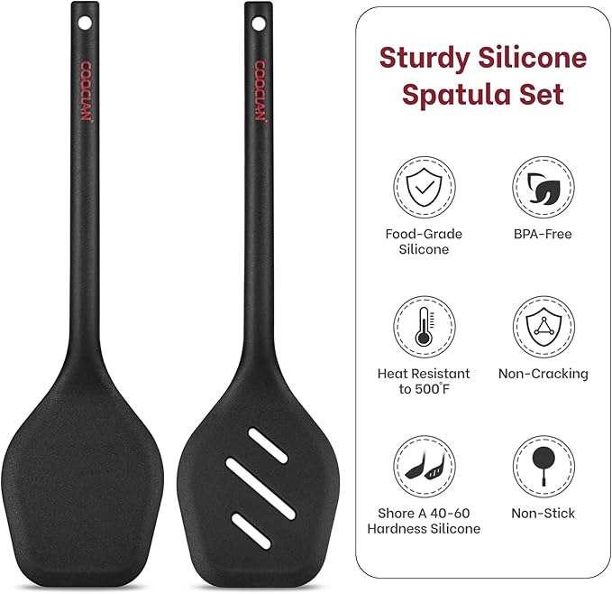Silicone Spatula Set (BPA-Free), Ultra Heat Resistant Spatulas for Non-Stick Pans, 2 Pack Solid & Slotted Silicone Turner, One-Piece Cooking Spatula Turners for Kitchen Use, Black