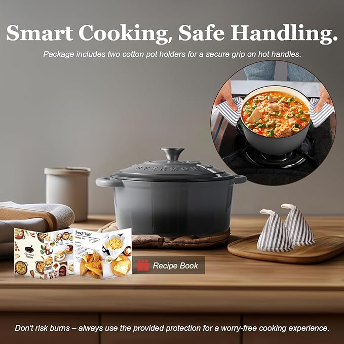 Overmont Enameled Cast Iron Dutch Oven - 7QT Pot with Lid Cookbook & Cotton Potholders - Heavy-Duty Cookware for Braising, Stews, Roasting, Bread Baking grey