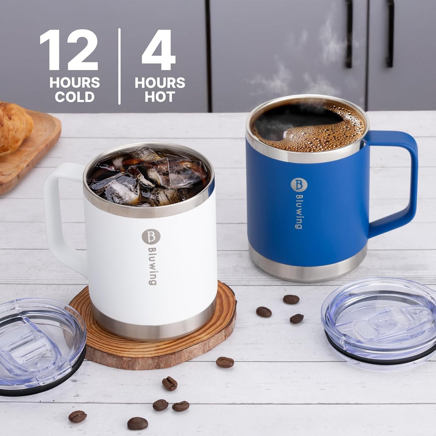 Insulated Coffee Mug with Lid, 12 oz Travel Coffee mug with handle Double Wall Stainless Steel Travel Tumbler Cup, Spill Proof (White)