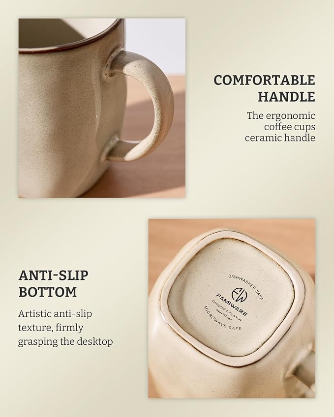 famiware Coffee Mugs Set of 4, Ocean Square 13oz Coffee Cup Set with Handle for Cocoa, Milk, Hot Chocolate, Tea, Water, Stoneware Cups for Kitchen, Microwave and Dishwasher Safe, Light khaki