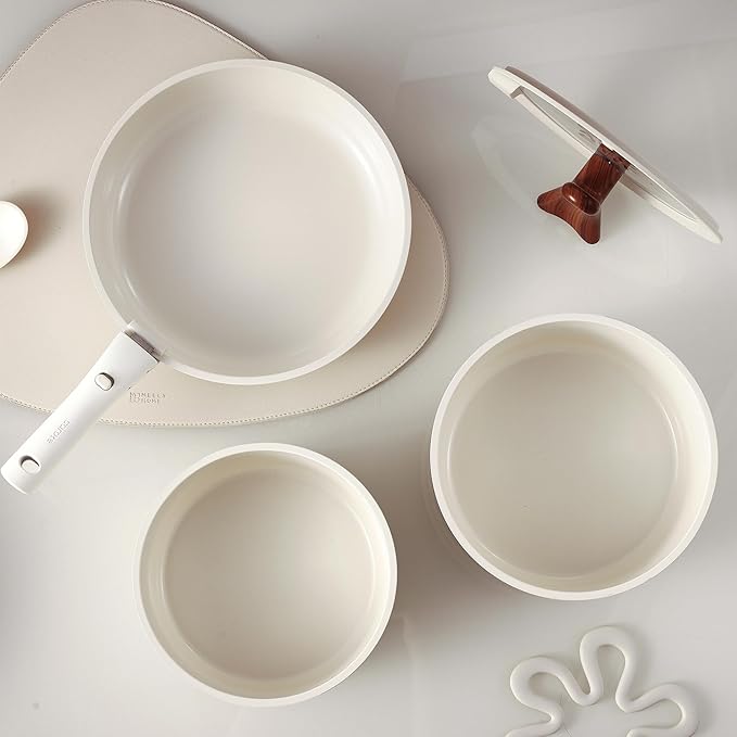 CAROTE Ceramic Pots and Pans Set Non Stick, Nonstick Kitchen Cookware Sets with Lid, Detachable Handle Sauté Pan Set, Non Toxic Frying Pan, Oven Safe, Induction Ready, Cream White