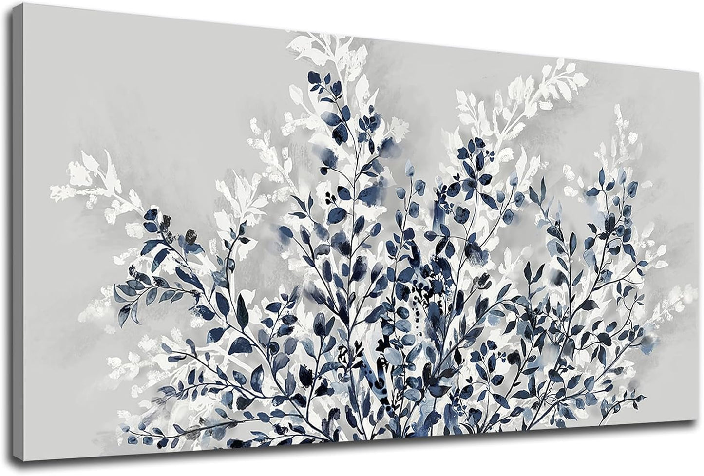 NINEASO Botanical Flowers Wall Art - Indigo Blue and White Floral Canvas Pictures Spring Blooming Painting Gray Background Printing Artwork Living Room Bedroom Home Office Wall Decor 24" x 48"