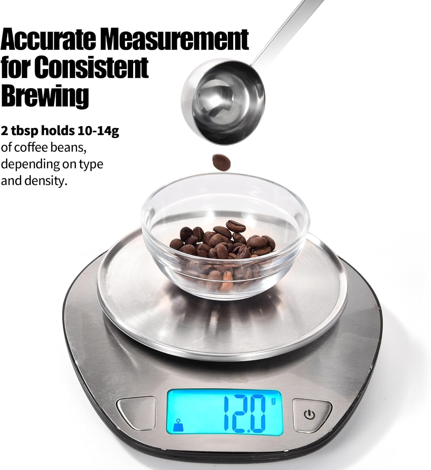 18/8 Stainless Steel Coffee Scoop, Doosu Food-Grade Metal Measuring Spoon with 8.5in Long Handle, Tablespoon Scooper for Coffee Beans, Ground Coffee, Espresso, Protein Powders, Tea, Sugar (2 Tbsp)