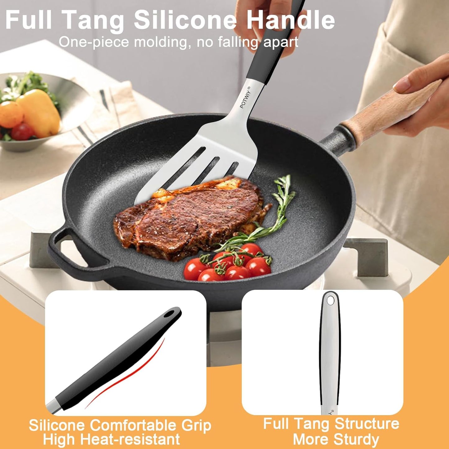 Stainless Steel Spatula Set, 2 Pcs Slotted Spatulas for Kitchen Use, Metal Turner with Silicone Handle for Cast Iron Skillet, Grilling, Cooking Utensils for Flipping Steak, B