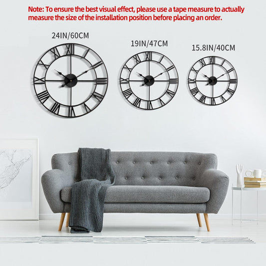 LEIKE 16" Large Wall Clocks Battery Operated, Round Modern Silent Non-Ticking Black Metal Wall Clock for Living Room Decor, Bedroom Kitchen (40cm Diameter, Black Roman Number)