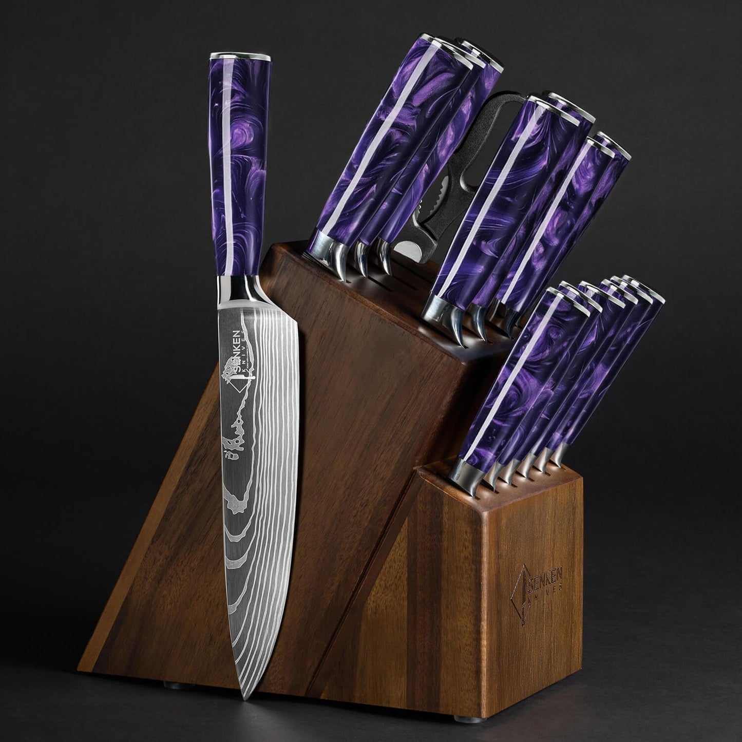 SENKEN 16-Piece Kitchen Knife Block Set - Japanese Chef's Knife Set with Laser Damascus Pattern, Includes 6 Steak Knives and Smoothly-Finished Acacia Hardwood Knife Block (Purple Resin Handles)