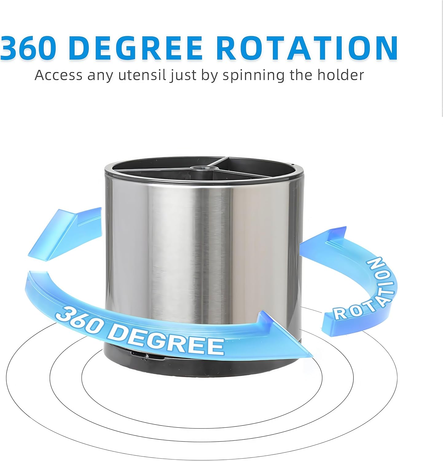 Kitchen Utensil Holder Extra Large 360°Rotating For Counter Organizer Stainless Steel Storage Cooking Silverware Caddy 3 Compartment Flatware Spoon Spatula Tool Cutlery Container