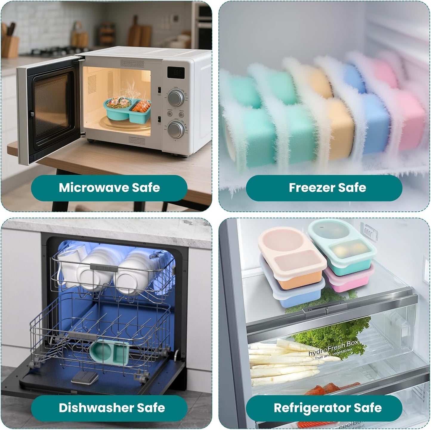 Silicone Snack Containers with Semi-Transparent Lids 4 Pack, Reusable Double Compartment Snack Container for Salad, Condiment, Sauce, Small Leakproof Snack Box for School, Travel