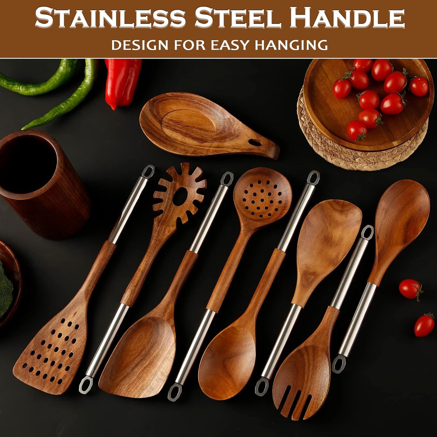 10PCS Wooden Spoons for Cooking, Spoons and Spatula Non Stick Set with Stainless Steel Handle, Teak Wooden Utensils Set with Holder & Spoon Rest, Kitchen Utensils for Non-Stick Cookware