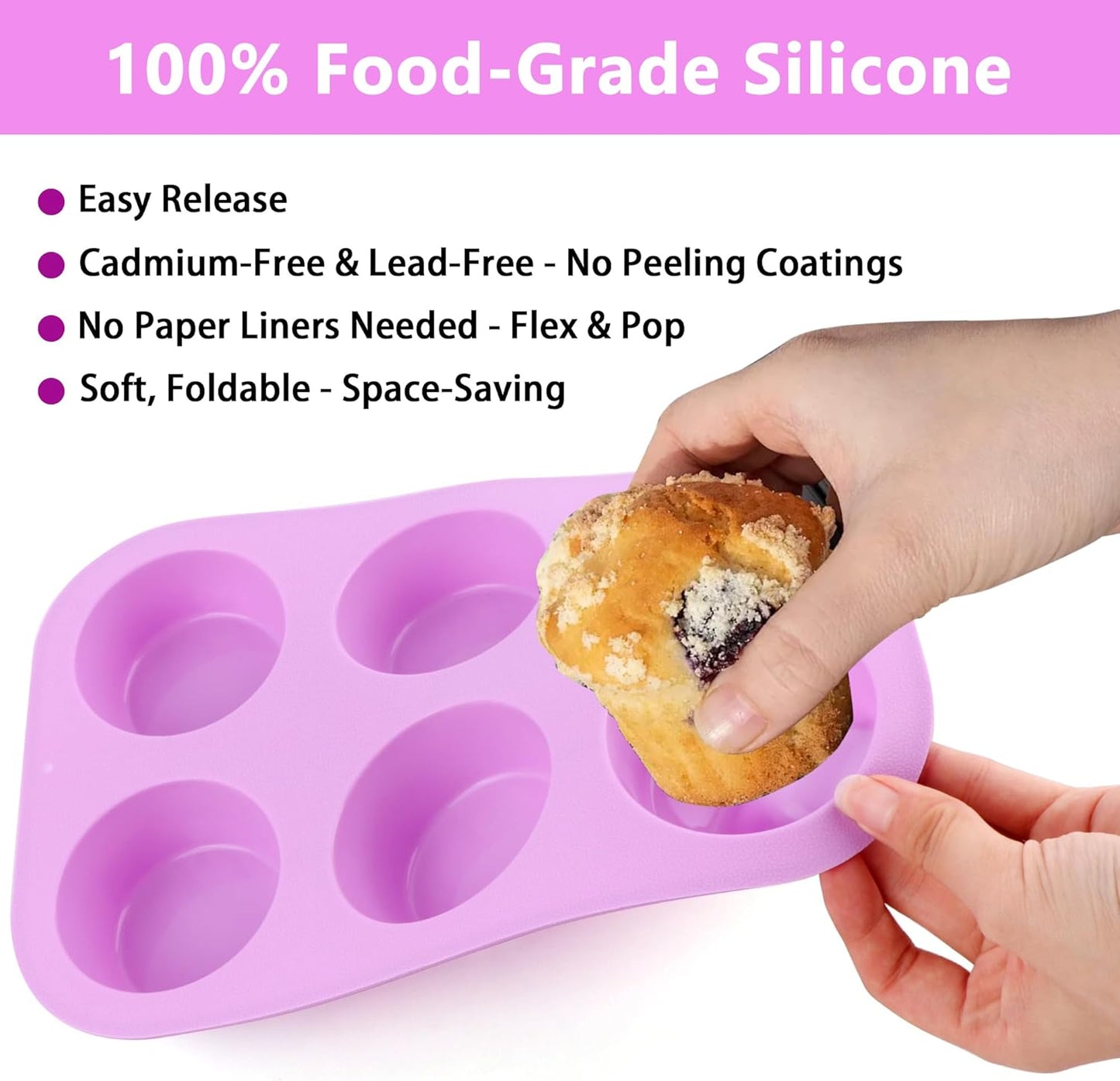 3-Pack 6-Cup Silicone Muffin Pans, Nonstick Cupcake Baking Molds, Muffin Cupcake Pans Molds for Baking, BPA/PFA-Free, Dishwasher & Oven Safe - Purple