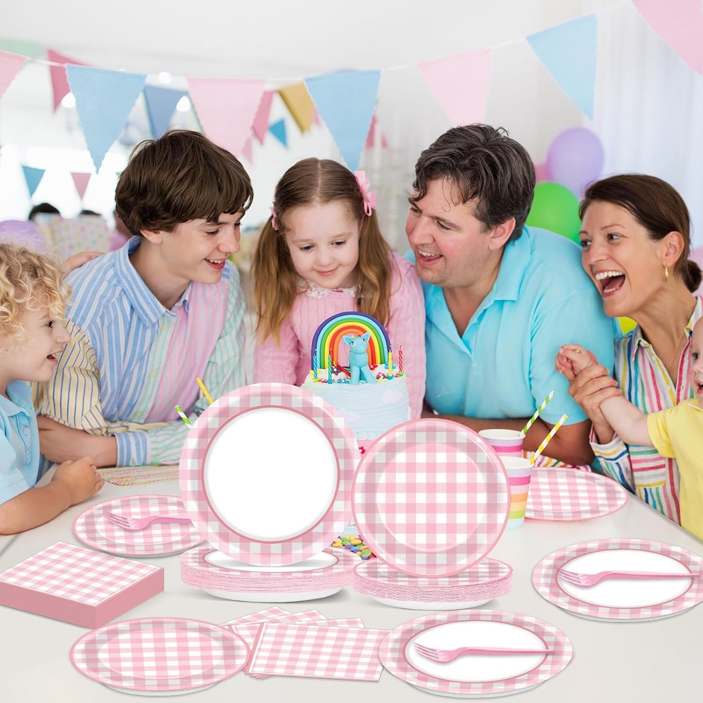 ZOIIWA 200 PCS Pink Gingham Tableware Disposable Pink And White Checkered Party Supplies Dinnerware Set Plaid Plates Outdoor Supplies Girls Barbecue Picnic Birthday Party Decoration Serve 50 guest