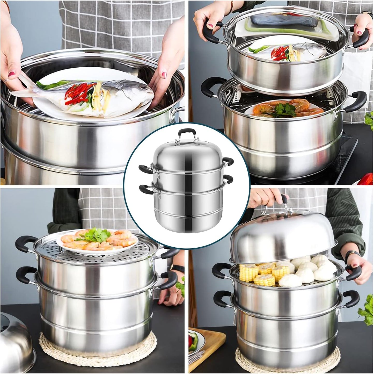 MANO Steamer Pot for Cooking 11.8 inch Steam Pots with Lid 2-tier Stainless Steel Steaming Pot Multipurpose Cookware with Handle for Vegetable, Dumpling, Stock, Sauce, Food