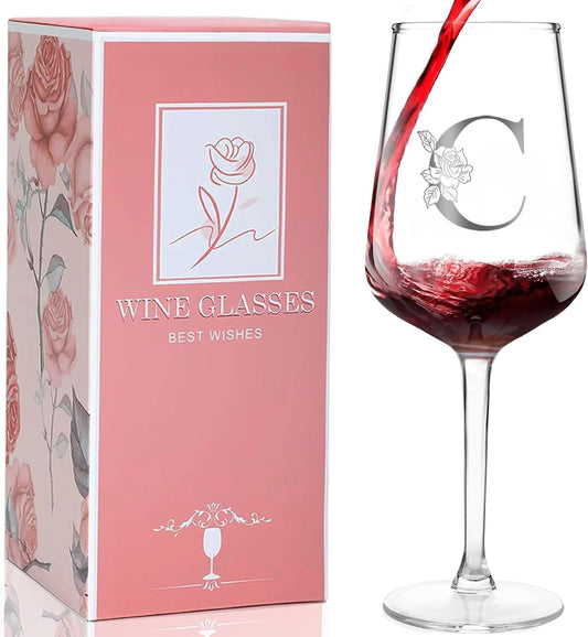 Personalized Wine Glass Gifts for Women, Monogrammed A-Z Wine Glass with Gift Box & Greeting Card, Customized Wine Glasses Initial Wine Glasses Gift for Birthday, Mothers Day, Best Friend, Sister (C)