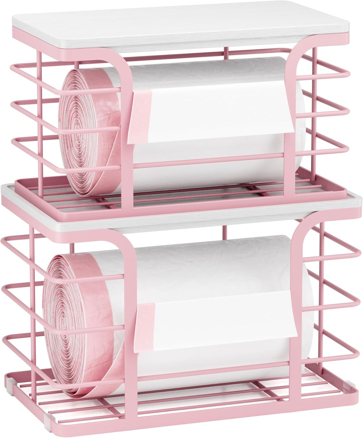 2 Pack Trash Bag Holder with Bamboo Top,Stackable Storage Bathroom Organizer Kitchen Laundry Pantry Organizers for Countertop Organization,Pink