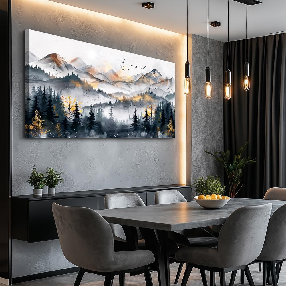 KELIYUAN Abstract Wall Decor Large Wall Art For Living Room Office Decoration Ink Mountain Landscapes Wall Painting Misty Forest Pictures Bedroom Canvas Artwork Ready To Hang Home Decor 24"x48"