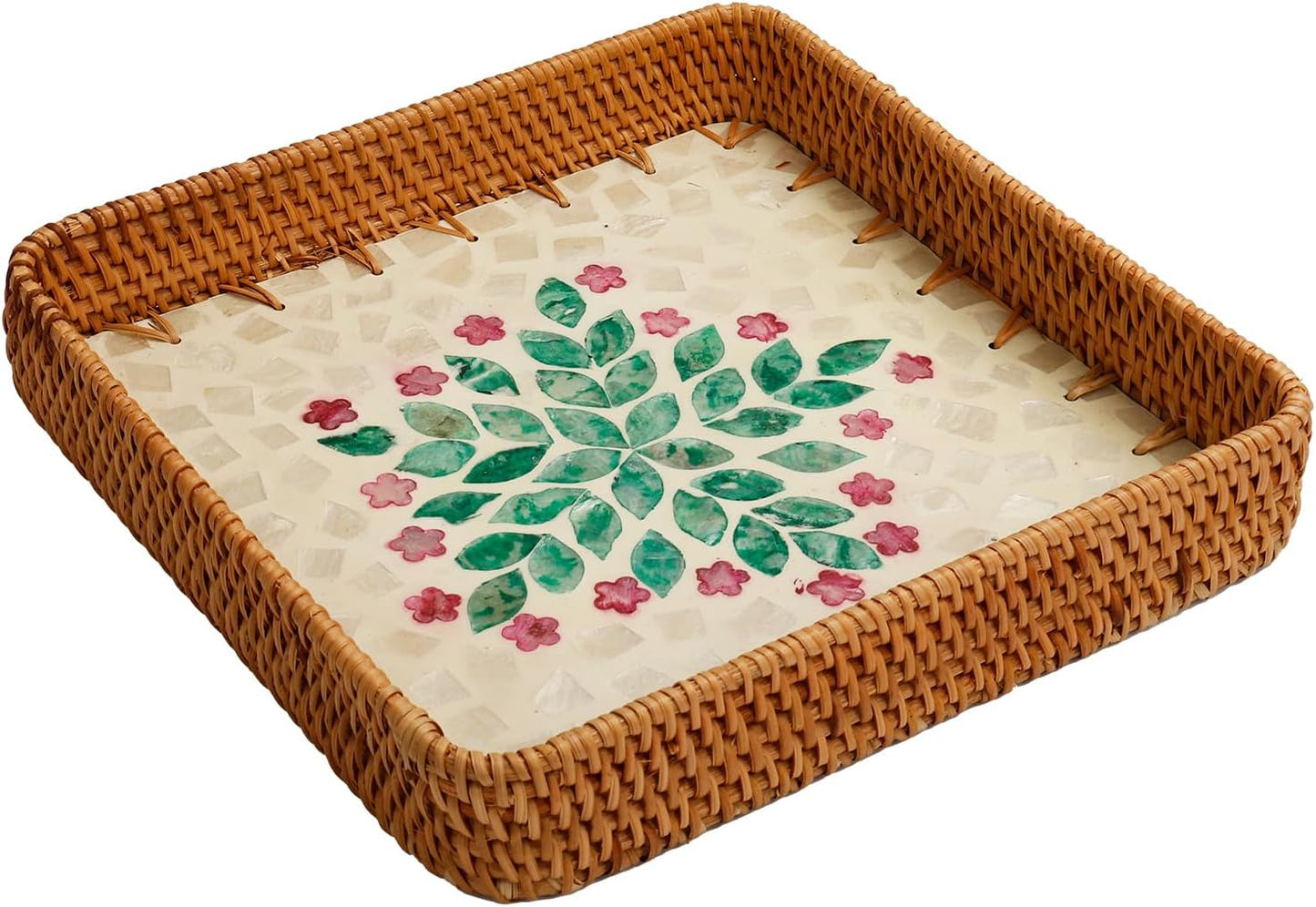 Rattan Tray with Mother of Pearl Inlay, Boho Coffee Table Decor, Decorative Serving Tray, Farmhouse Gift for Living Room & Bathroom
