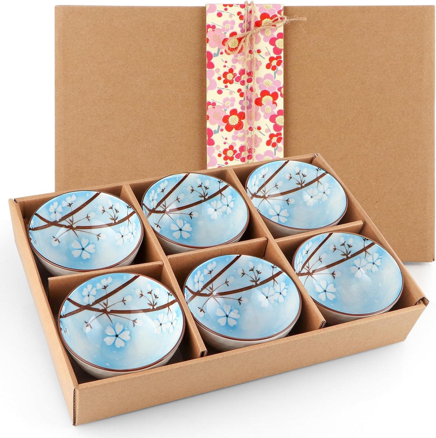 Ceramic Rice Bowls 10 oz, Sakura Bowl Gift Set, Dinnerware Serving Bowls for Rice, Cereal, Noodle, Soup, Desserts, Pack of 6 (Blue)