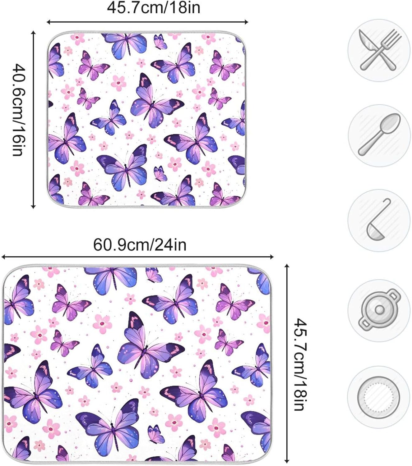 Pink Purple Butterfly Flower Dish Drying Mat for Kitchen Counter Absorbent Dish Drainer Mats Drying Pads 18"x24"
