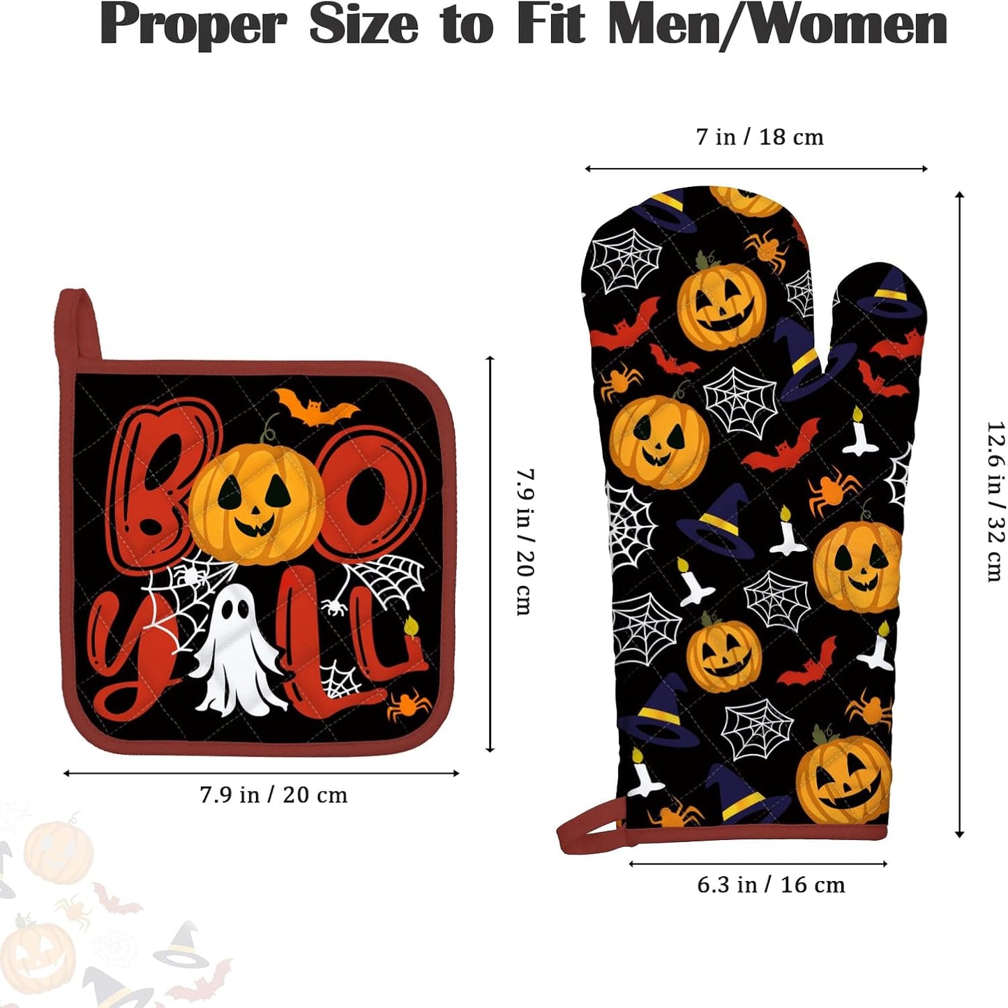 Halloween Pumpkin Oven Mitts and Pot Holders Sets 2Pcs, 100% Cotton Heat Resistant, Extra Long Oven Gloves Potholder for Kitchen Cooking Baking Decoration