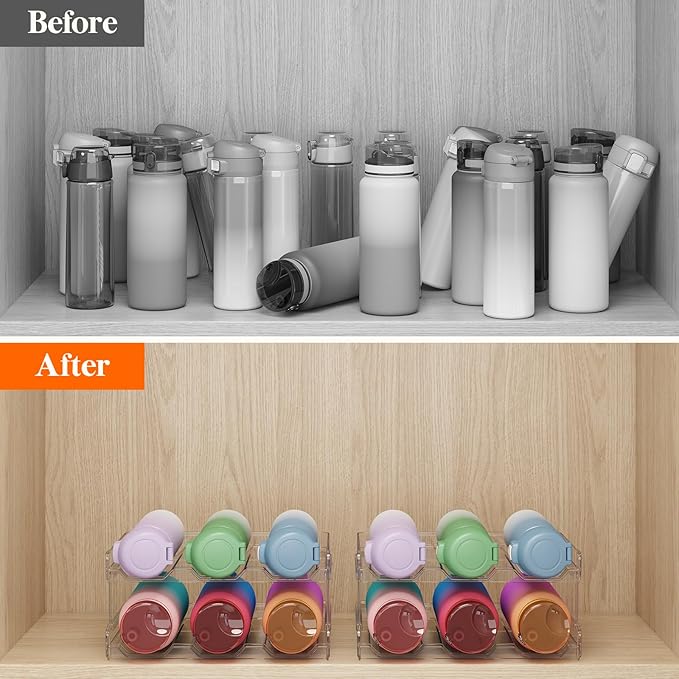 Lifewit Stackable Water Bottle Organizer for Cabinet, Plastic Bottle Holder Fits Bottles & Tumblers up to 3.8" Diameter, Pantry, Countertop & Fridge, Holds 6 Bottles