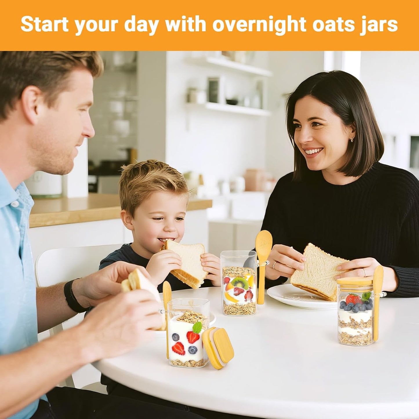 Glass Jars with Bamboo Lids and Spoons - 2 Pack 8 Fl.oz Square Glass Spice Jars with Lid, Small Food Canister Stackable Pantry Container for Honey Jam, Seasoning, Tea, Coffee and Sugar